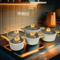 Modern ZÊNOHOME cookware set with wood-pattern handles on a kitchen stove