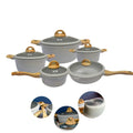 ZÊNOHOME gray cookware set with lids and wood-style handles, displayed on white background