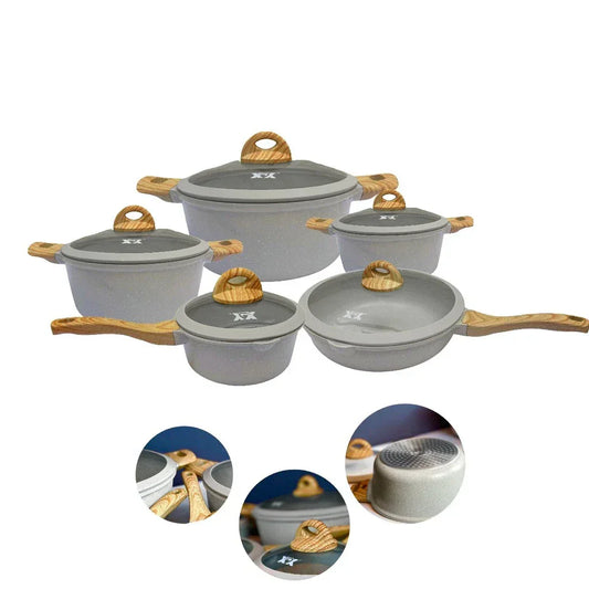 ZÊNOHOME gray cookware set with lids and wood-style handles, displayed on white background